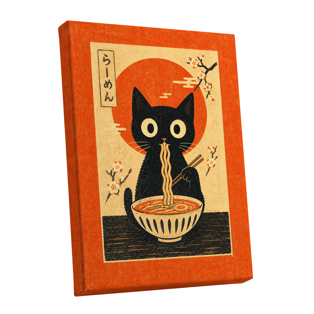 Ramen Whiskers, orange, beige, black minimalist wall art shown as a stretched canvas wall art