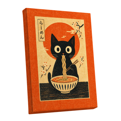Ramen Whiskers, orange, beige, black minimalist wall art shown as a stretched canvas wall art