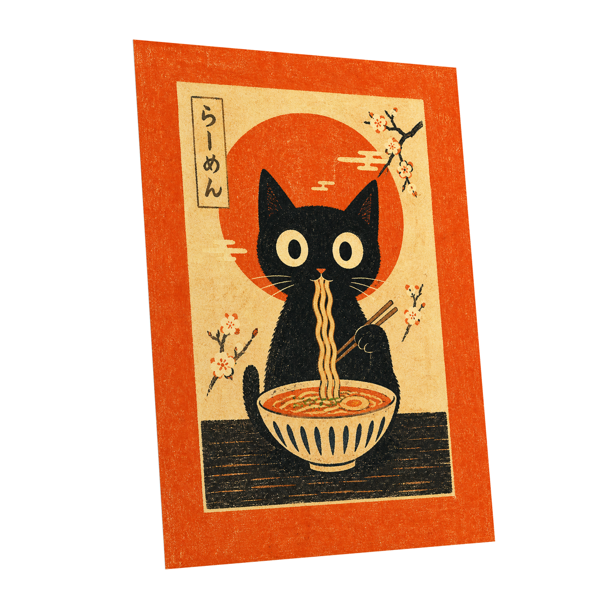 Ramen Whiskers, orange, beige, black minimalist wall art shown as a unframed poster wall art print