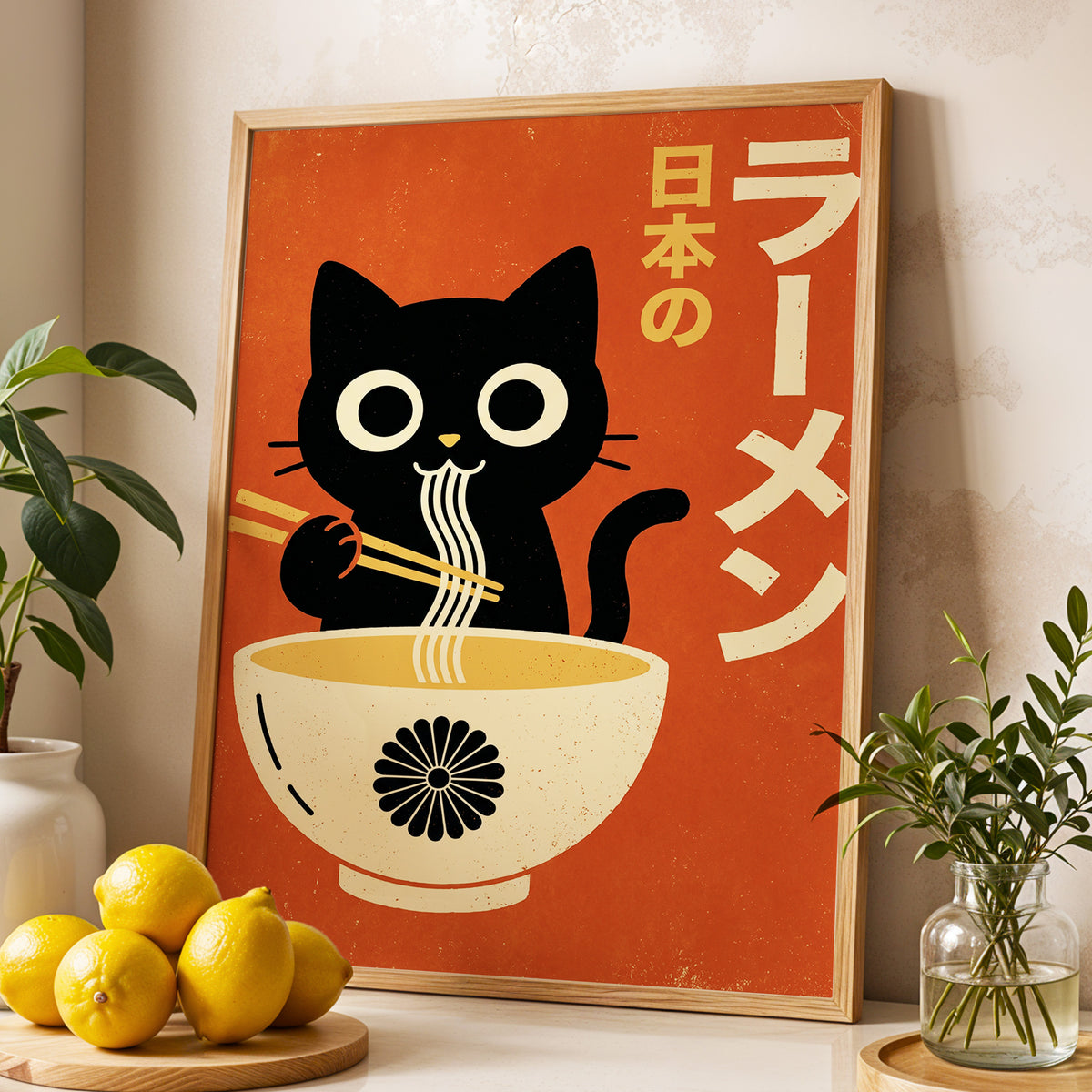 Ramen Whiskers, orange, black, beige minimalist wall art displayed in a styled interior, gallery view 2