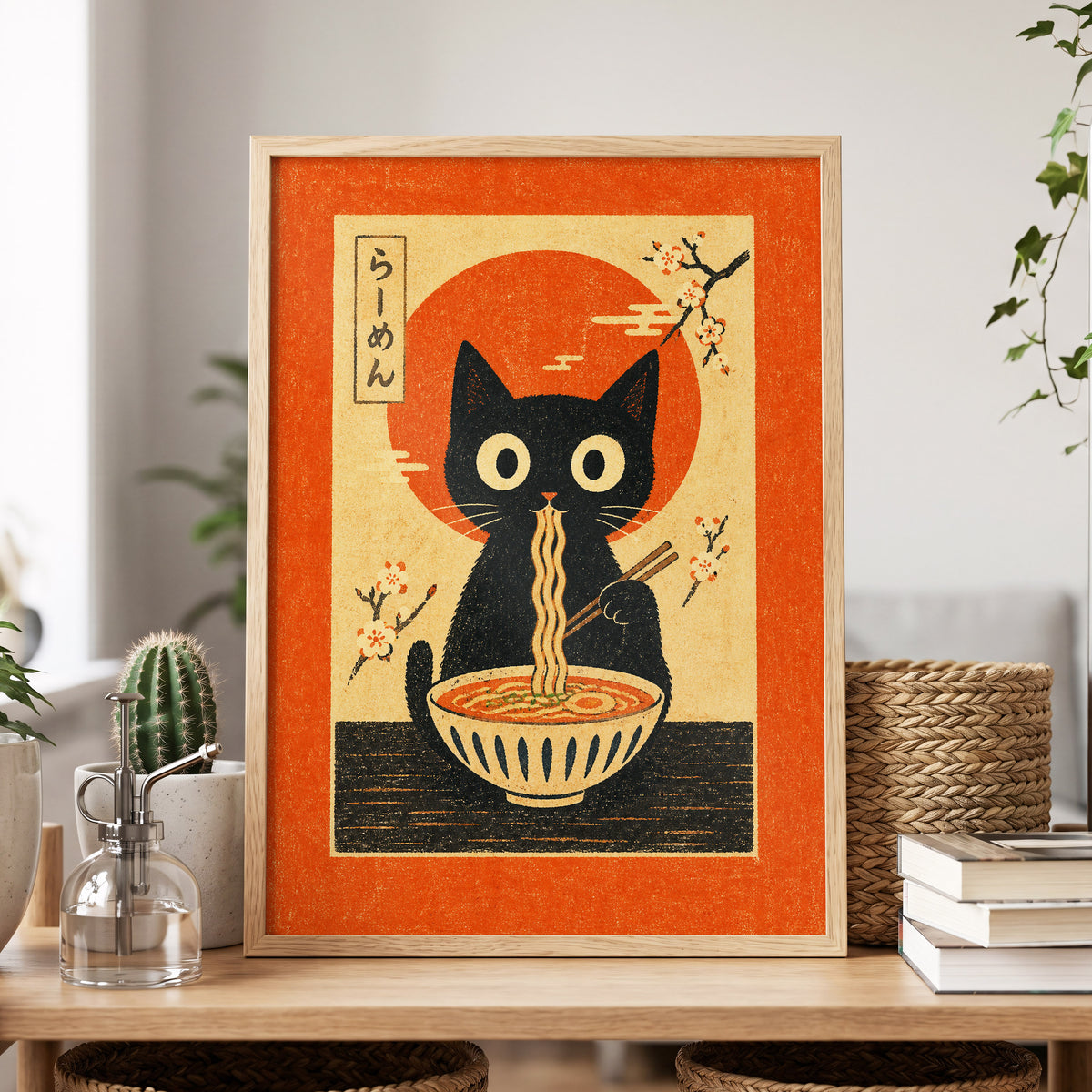 Ramen Whiskers, orange, beige, black minimalist wall art displayed in a styled interior, gallery view 2