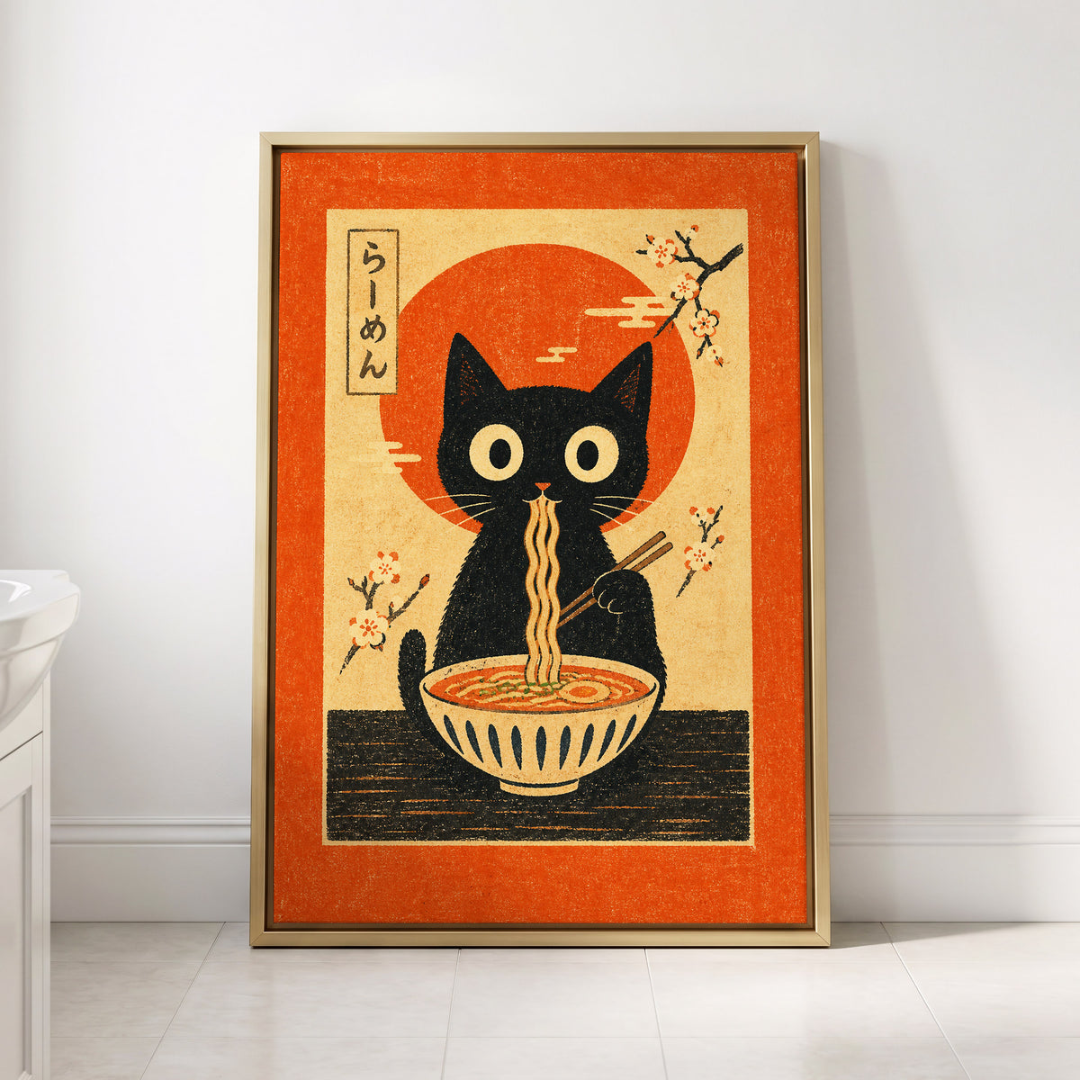 Ramen Whiskers, orange, beige, black minimalist wall art displayed in a styled interior, gallery view 4
