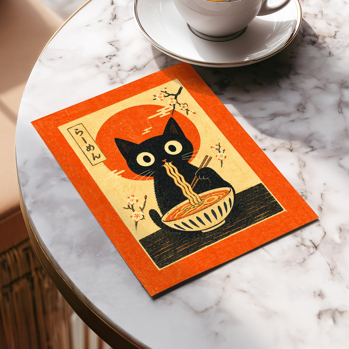 Ramen Whiskers, orange, beige, black minimalist wall art displayed in a styled interior, gallery view 5