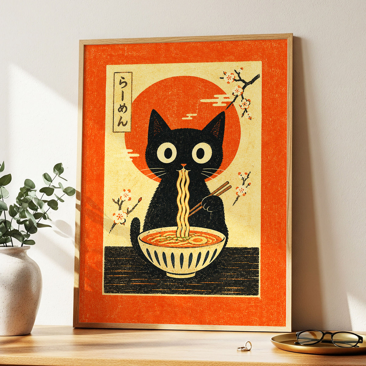 Ramen Whiskers, orange, beige, black minimalist wall art displayed in a styled interior, gallery view 6