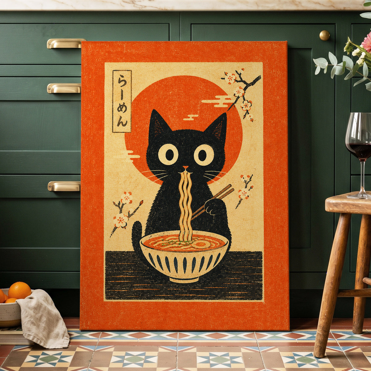 Ramen Whiskers, orange, beige, black minimalist wall art displayed in a styled interior, gallery view 7