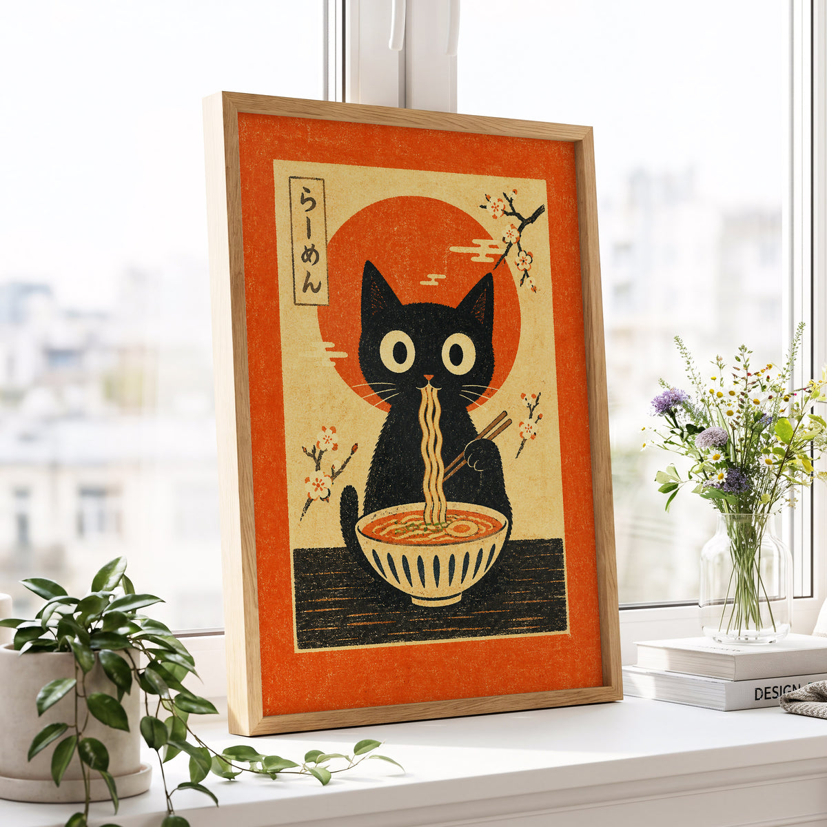 Ramen Whiskers, orange, beige, black minimalist wall art displayed in a styled interior, gallery view 9