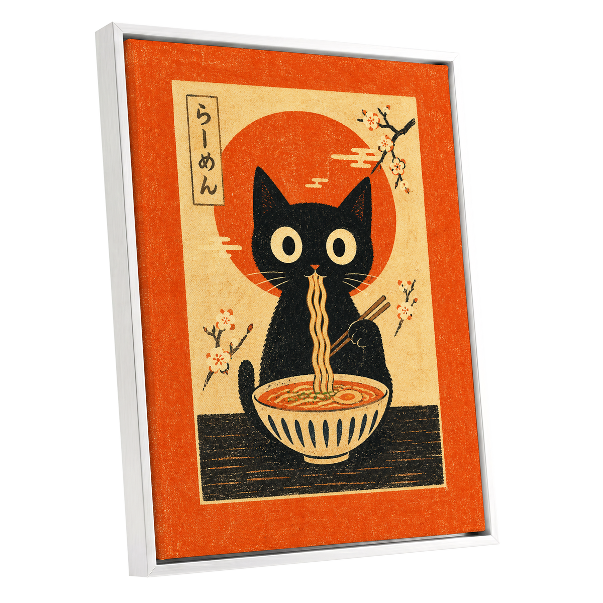 Ramen Whiskers, orange, beige, black minimalist wall art shown as a white framed canvas wall art
