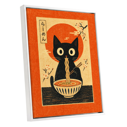 Ramen Whiskers, orange, beige, black minimalist wall art shown as a white framed canvas wall art