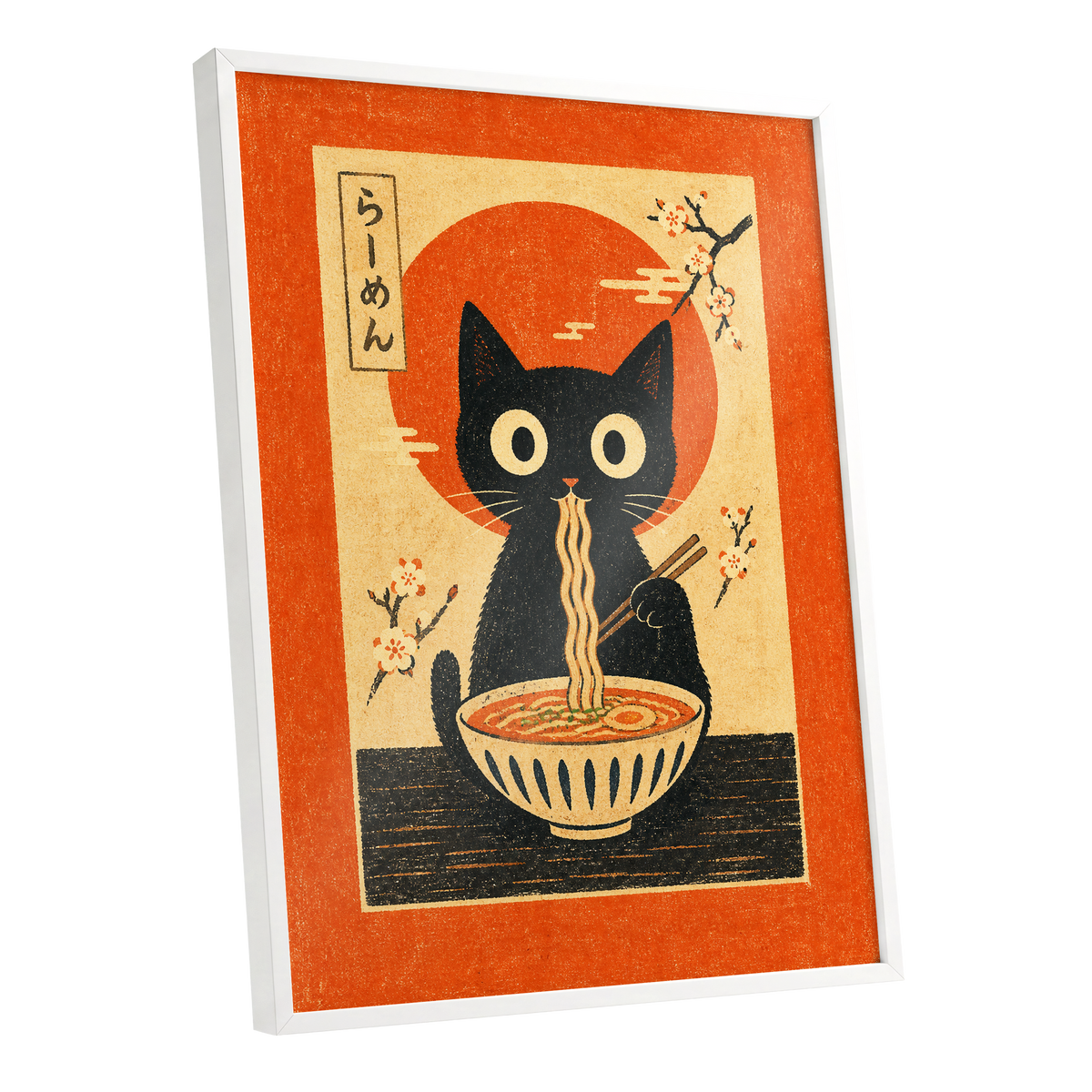 Ramen Whiskers, orange, beige, black minimalist wall art shown as a white framed poster wall art print