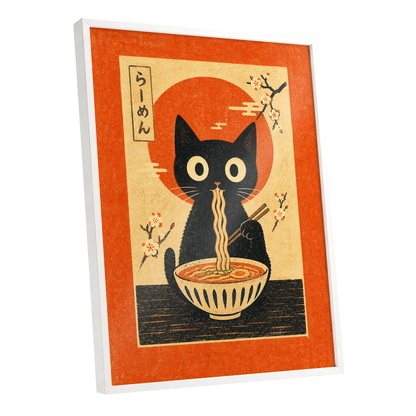 Ramen Whiskers, orange, beige, black minimalist wall art shown as a white framed poster wall art print