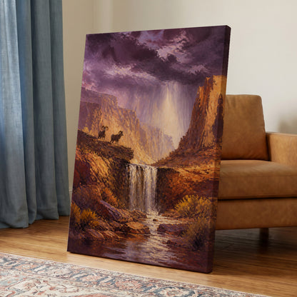 Rams Beneath the Tempest, purple, brown, gold nature wall art on canvas displayed in a styled interior, gallery view 1