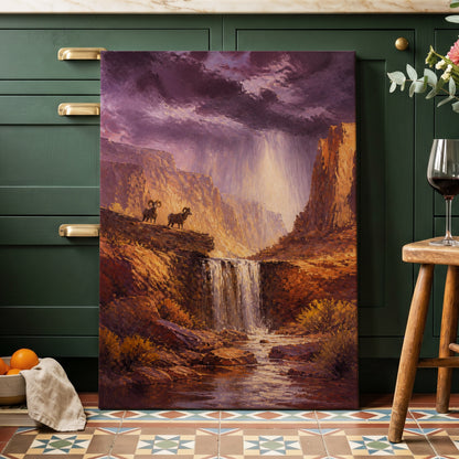 Rams Beneath the Tempest, purple, brown, gold nature wall art on canvas displayed in a styled interior, gallery view 2