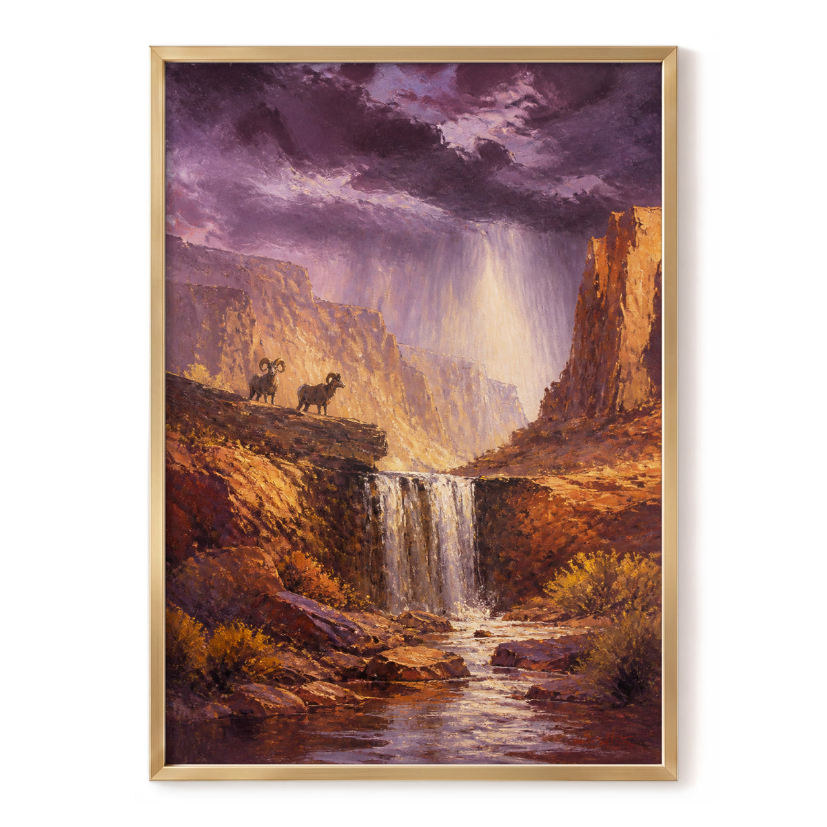 Rams Beneath the Tempest, purple, brown, gold nature wall art, front artwork view