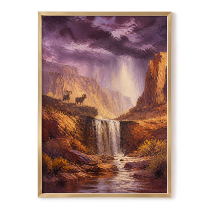 Rams Beneath the Tempest, purple, brown, gold nature wall art, front artwork view
