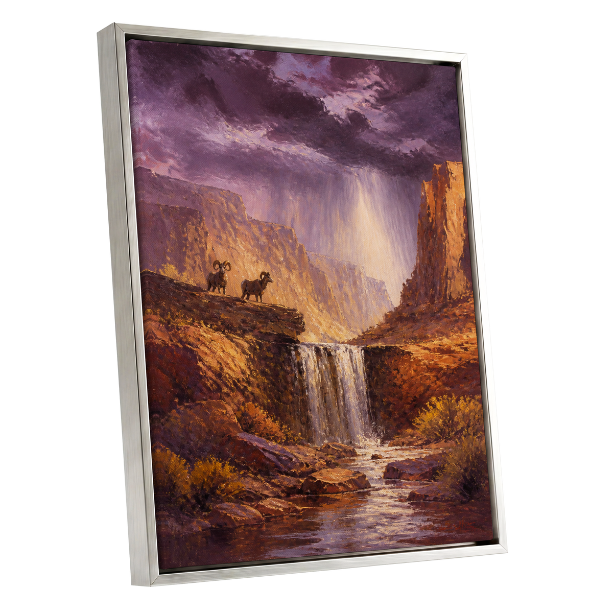 Rams Beneath the Tempest, purple, brown, gold nature wall art shown as a silver framed canvas wall art