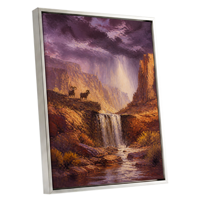 Rams Beneath the Tempest, purple, brown, gold nature wall art shown as a silver framed canvas wall art
