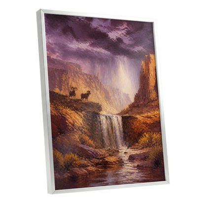 Rams Beneath the Tempest, purple, brown, gold nature wall art shown as a silver framed poster wall art print