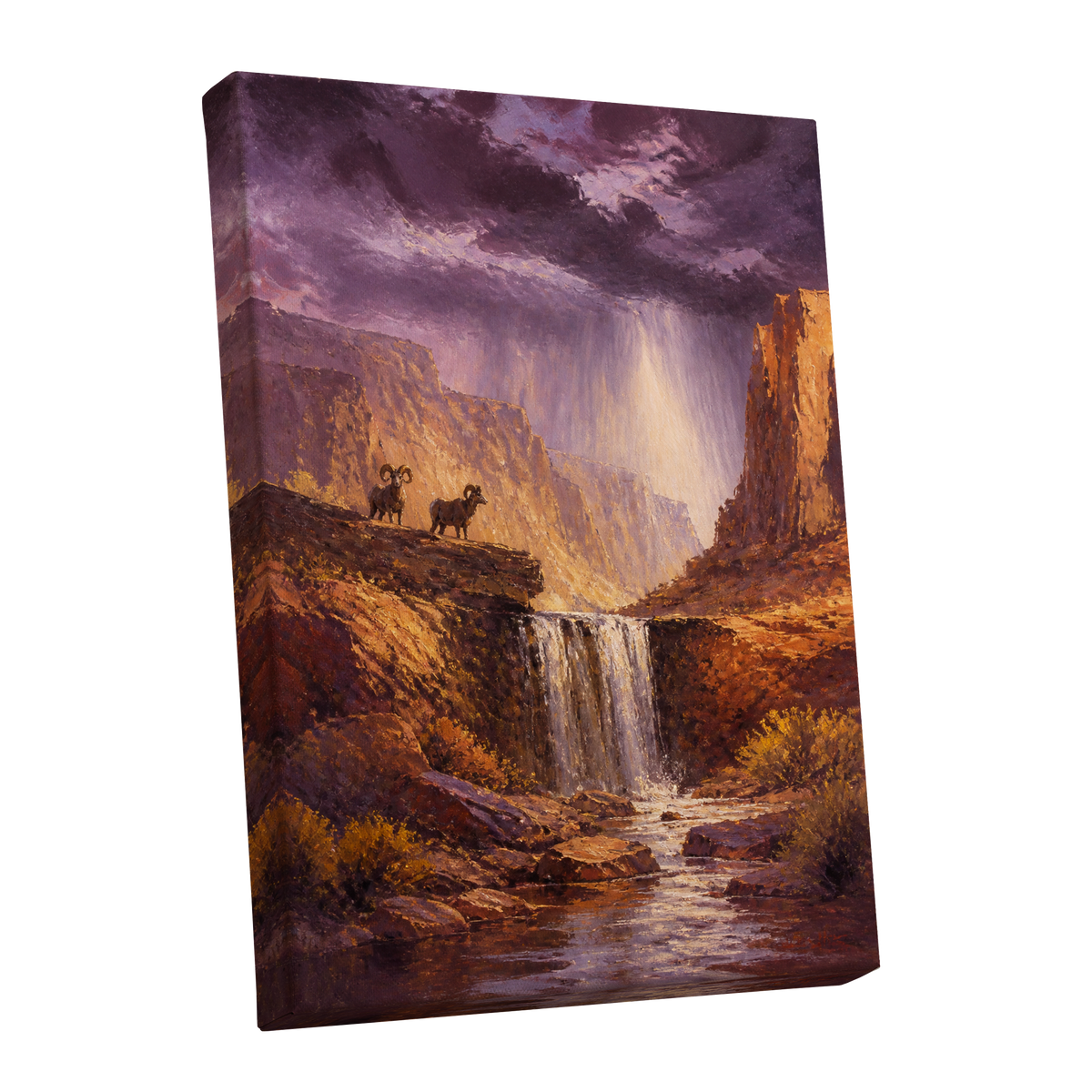 Rams Beneath the Tempest, purple, brown, gold nature wall art shown as a stretched canvas wall art