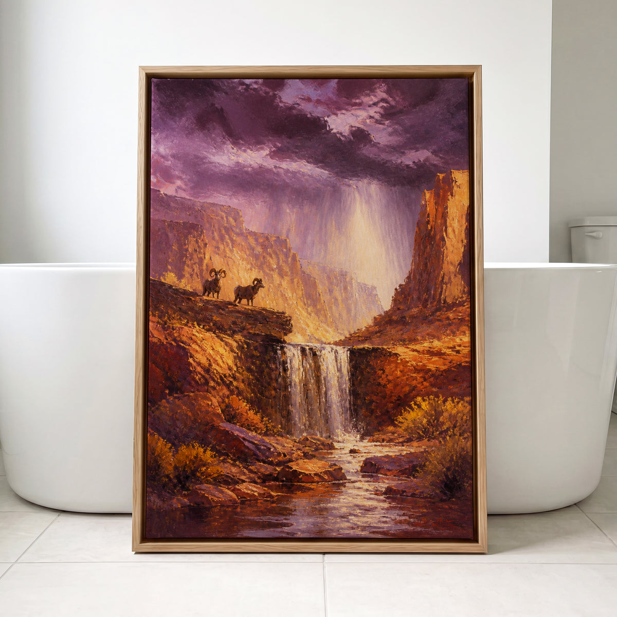 Rams Beneath the Tempest, purple, brown, gold nature wall art displayed in a styled interior, gallery view 1