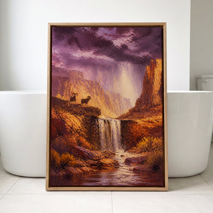 Rams Beneath the Tempest, purple, brown, gold nature wall art displayed in a styled interior, gallery view 1