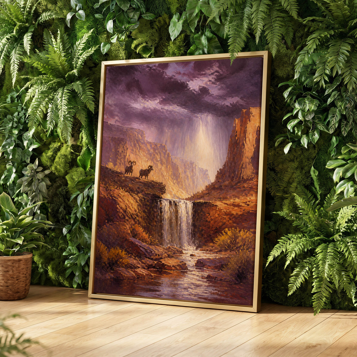 Rams Beneath the Tempest, purple, brown, gold nature wall art displayed in a styled interior, gallery view 2