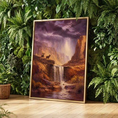 Rams Beneath the Tempest, purple, brown, gold nature wall art displayed in a styled interior, gallery view 2