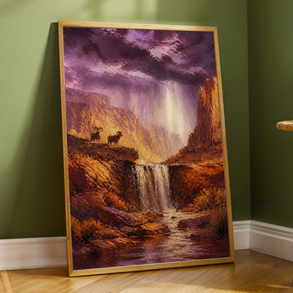 Rams Beneath the Tempest, purple, brown, gold nature wall art displayed in a styled interior, gallery view 3