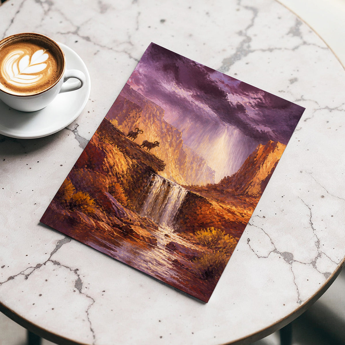 Rams Beneath the Tempest, purple, brown, gold nature wall art displayed in a styled interior, gallery view 4