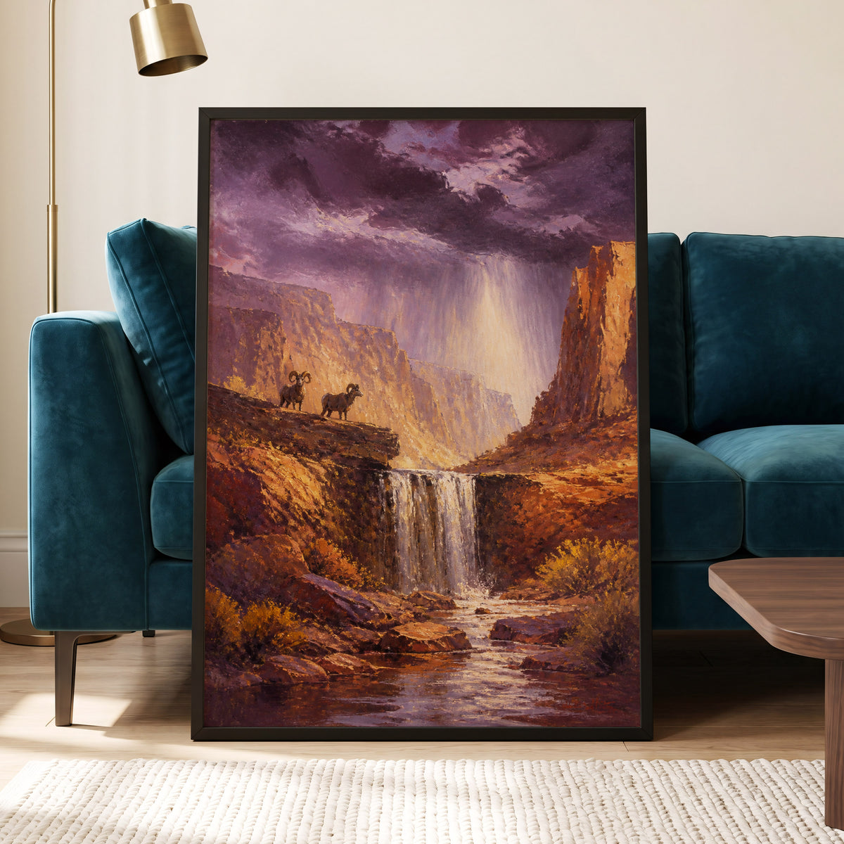 Rams Beneath the Tempest, purple, brown, gold nature wall art displayed in a styled interior, gallery view 5