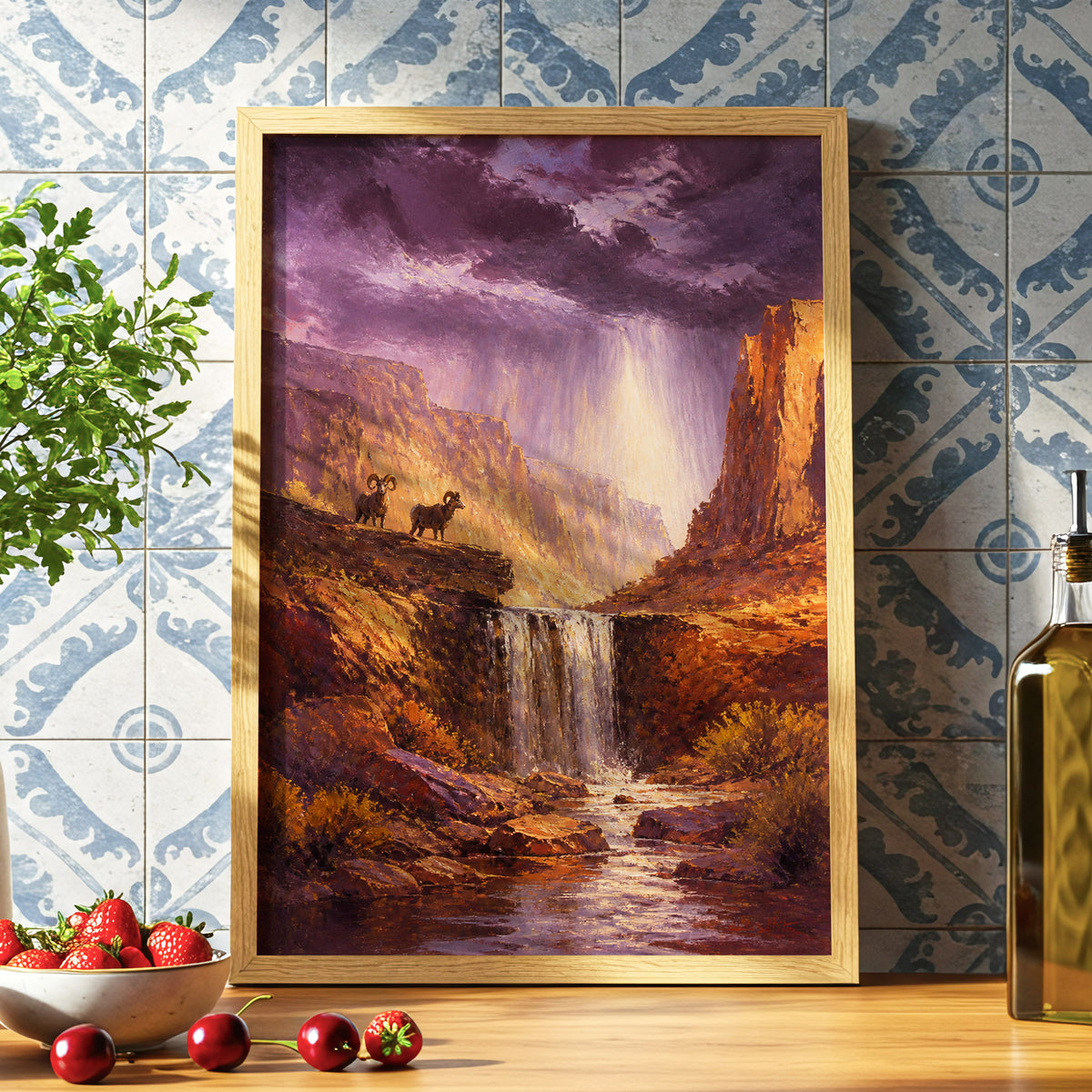 Rams Beneath the Tempest, purple, brown, gold nature wall art displayed in a styled interior, gallery view 6