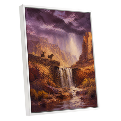 Rams Beneath the Tempest, purple, brown, gold nature wall art shown as a white framed canvas wall art