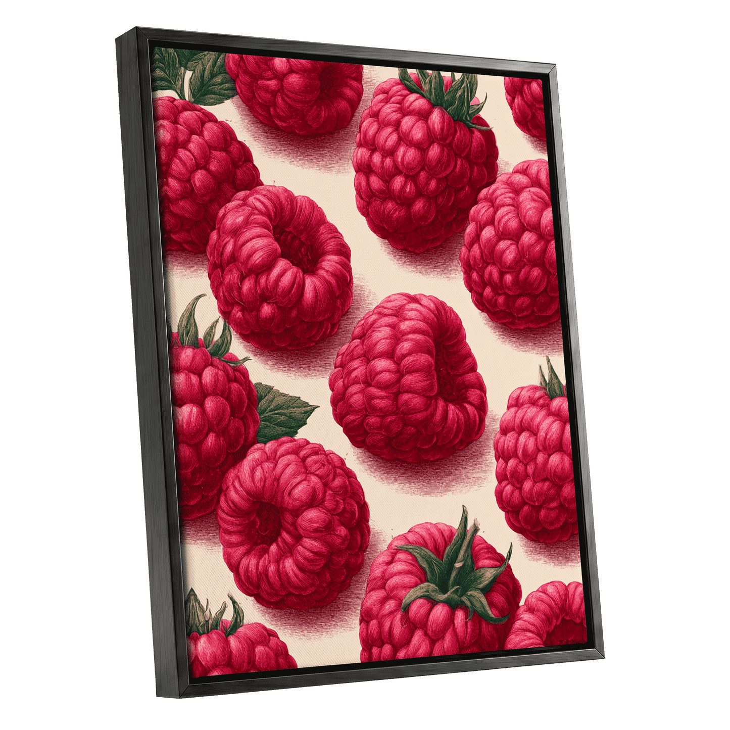 Raspberry Reverie, pink, red, green nature wall art shown as a black framed canvas wall art