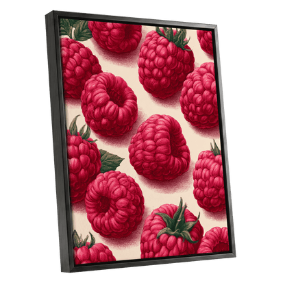 Raspberry Reverie, pink, red, green nature wall art shown as a black framed canvas wall art