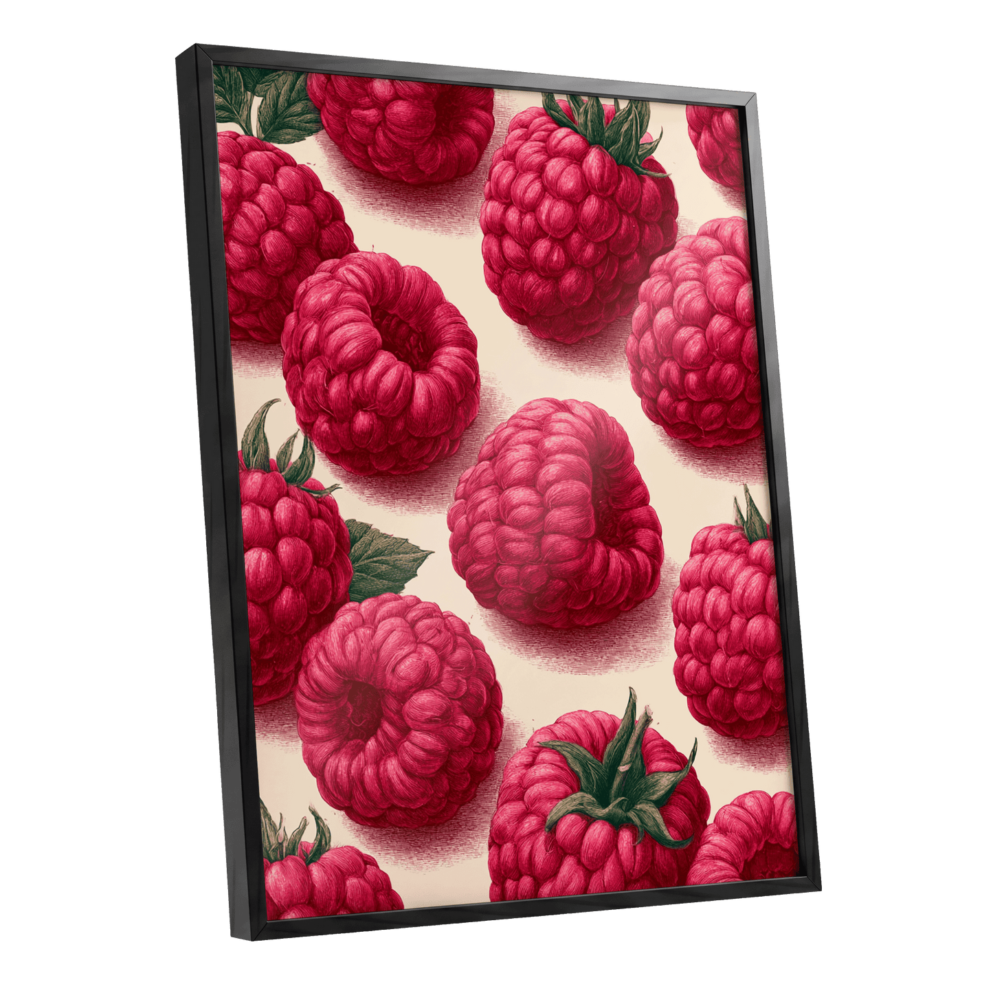 Raspberry Reverie, pink, red, green nature wall art shown as a black framed poster wall art print