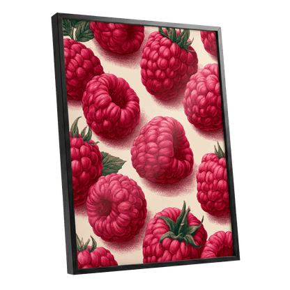 Raspberry Reverie, pink, red, green nature wall art shown as a black framed poster wall art print