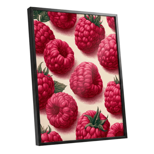 Raspberry Reverie, pink, red, green nature wall art shown as a black framed poster wall art print