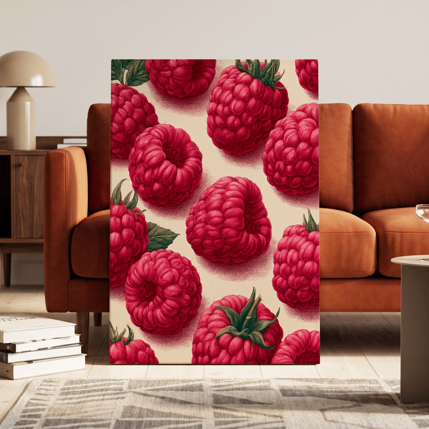 Raspberry Reverie, pink, red, green nature wall art on canvas displayed in a styled interior, gallery view 1