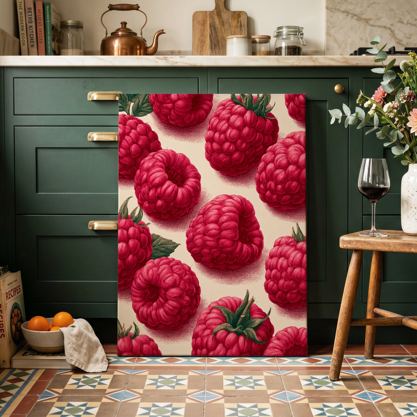 Raspberry Reverie, pink, red, green nature wall art on canvas displayed in a styled interior, gallery view 2