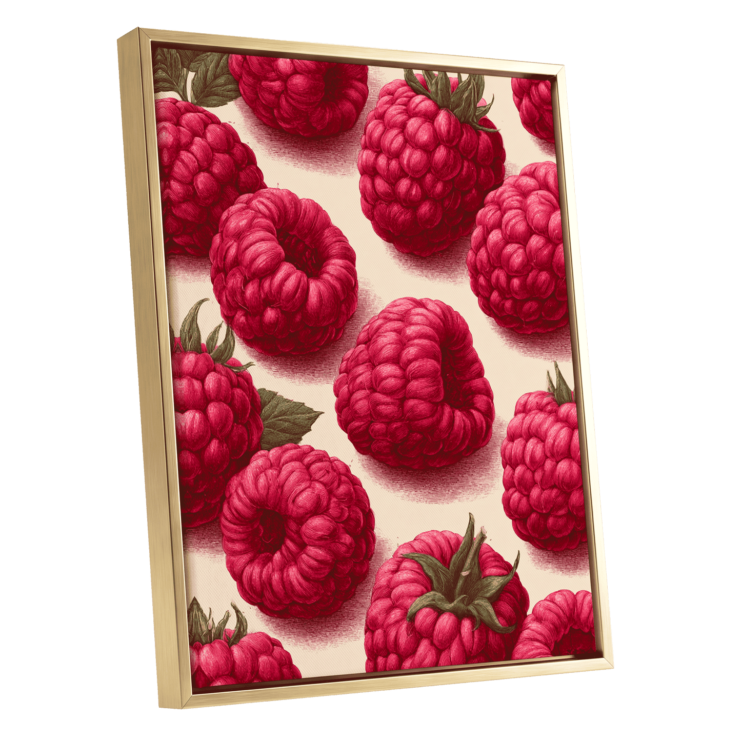 Raspberry Reverie, pink, red, green nature wall art shown as a gold framed canvas wall art