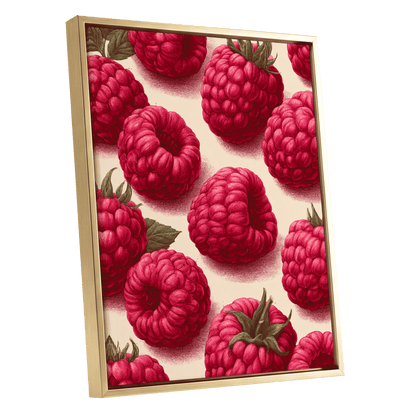 Raspberry Reverie, pink, red, green nature wall art shown as a gold framed canvas wall art
