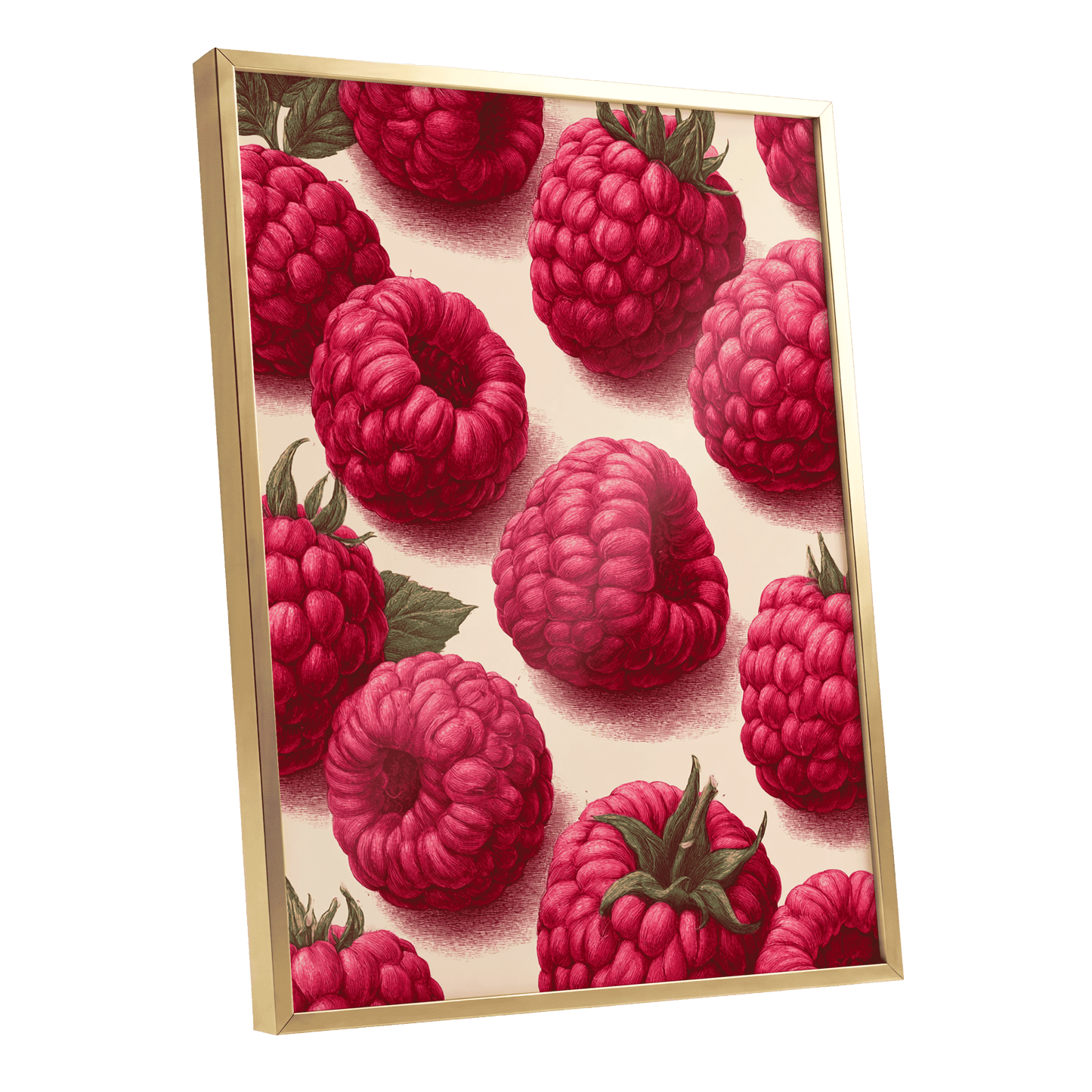 Raspberry Reverie, pink, red, green nature wall art shown as a gold framed poster wall art print