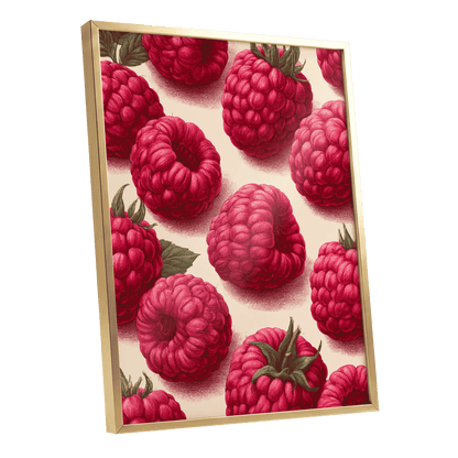 Raspberry Reverie, pink, red, green nature wall art shown as a gold framed poster wall art print