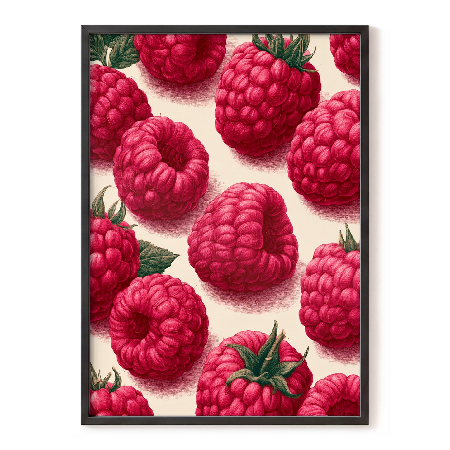Raspberry Reverie, pink, red, green nature wall art, front artwork view
