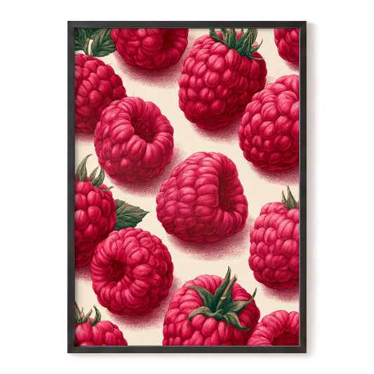 Raspberry Reverie, pink, red, green nature wall art, front artwork view