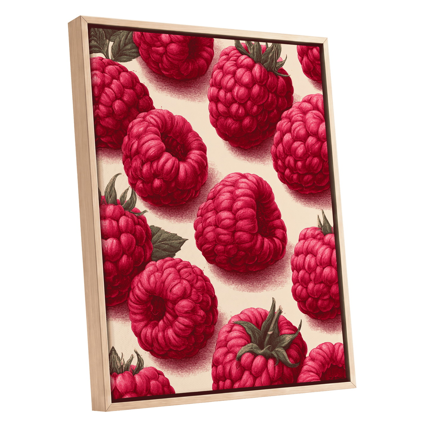 Raspberry Reverie, pink, red, green nature wall art shown as a oak framed canvas wall art