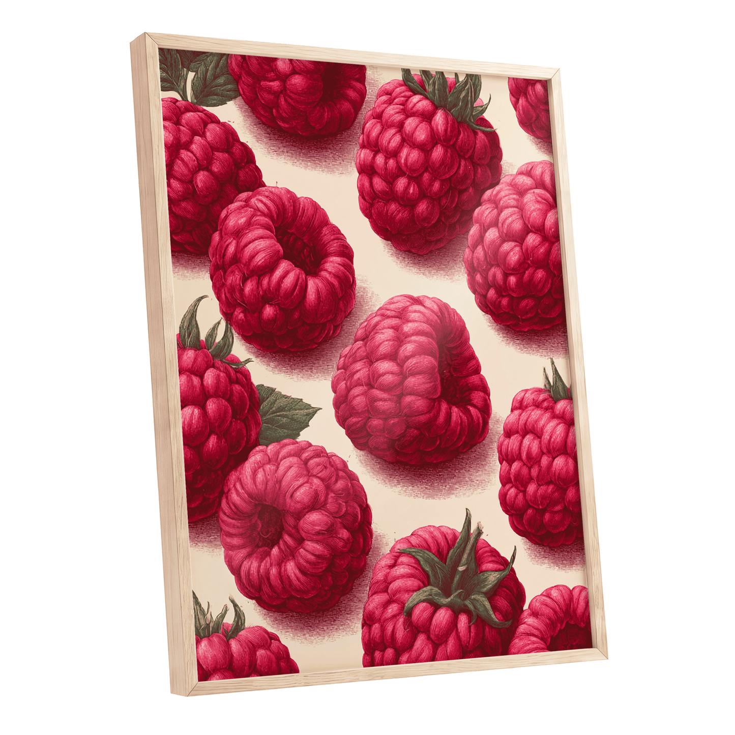 Raspberry Reverie, pink, red, green nature wall art shown as a oak framed poster wall art print