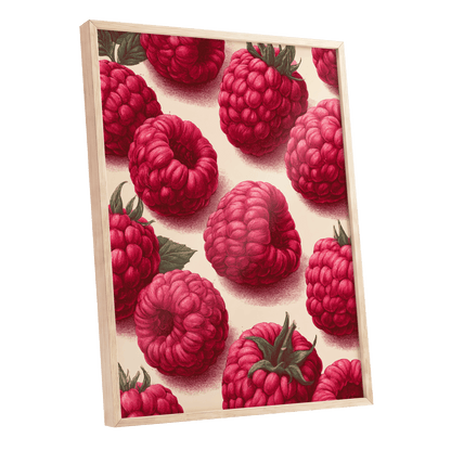 Raspberry Reverie, pink, red, green nature wall art shown as a oak framed poster wall art print