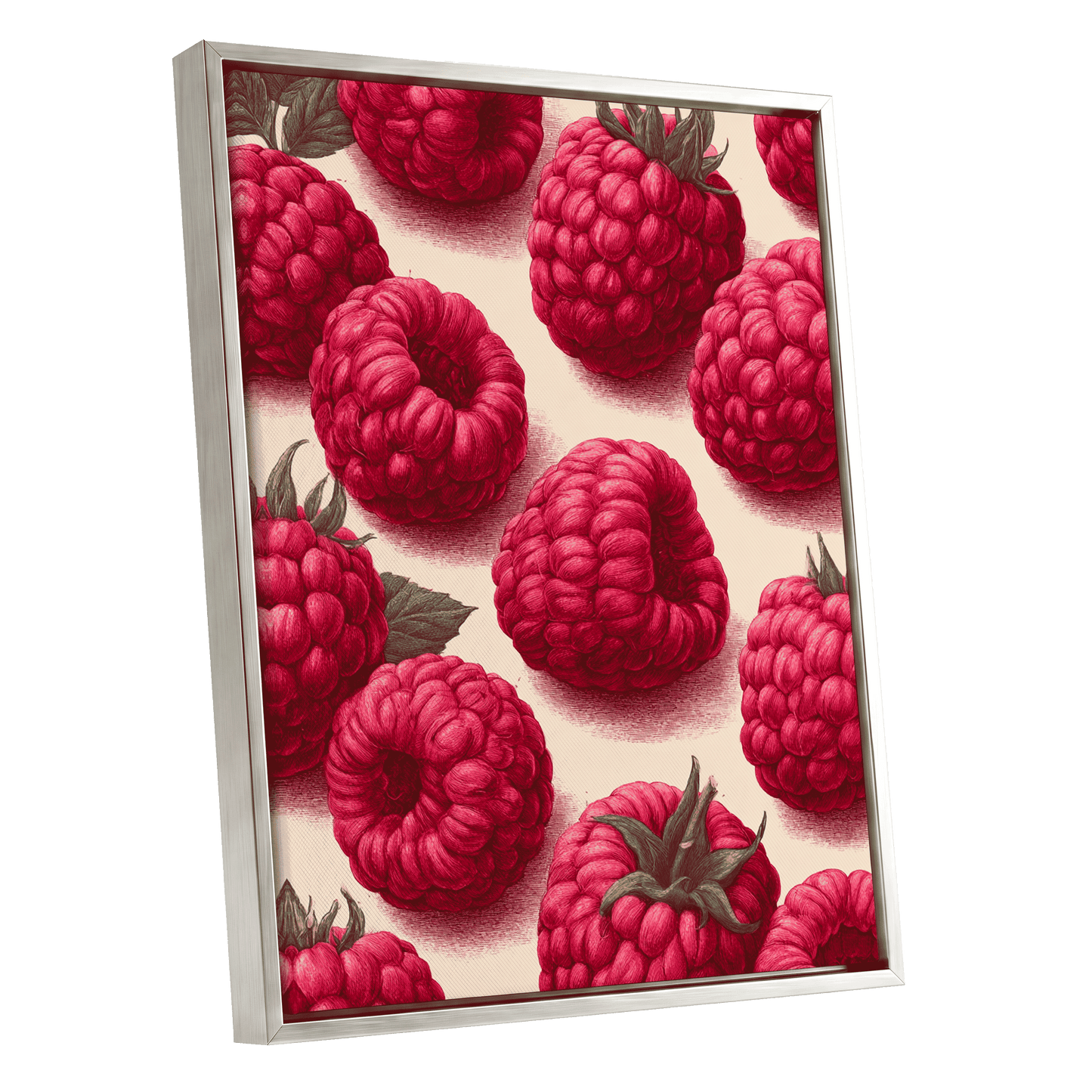 Raspberry Reverie, pink, red, green nature wall art shown as a silver framed canvas wall art