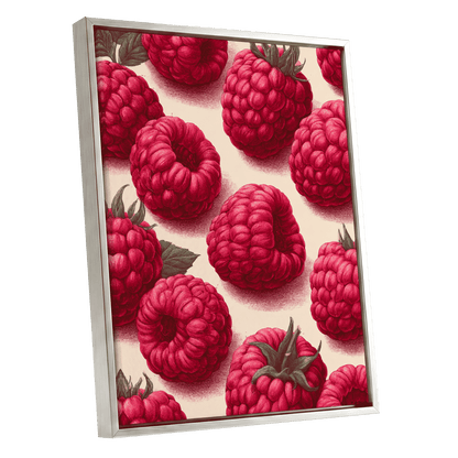 Raspberry Reverie, pink, red, green nature wall art shown as a silver framed canvas wall art