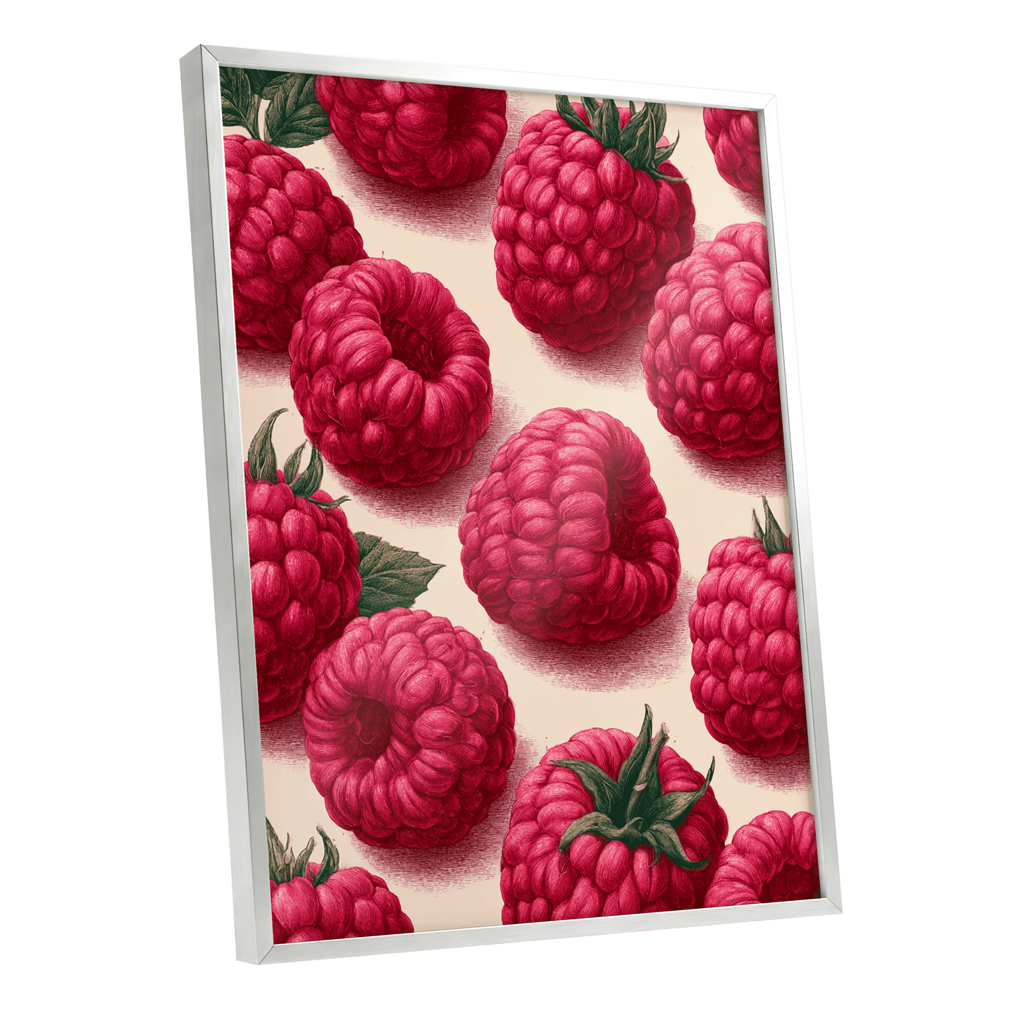 Raspberry Reverie, pink, red, green nature wall art shown as a silver framed poster wall art print